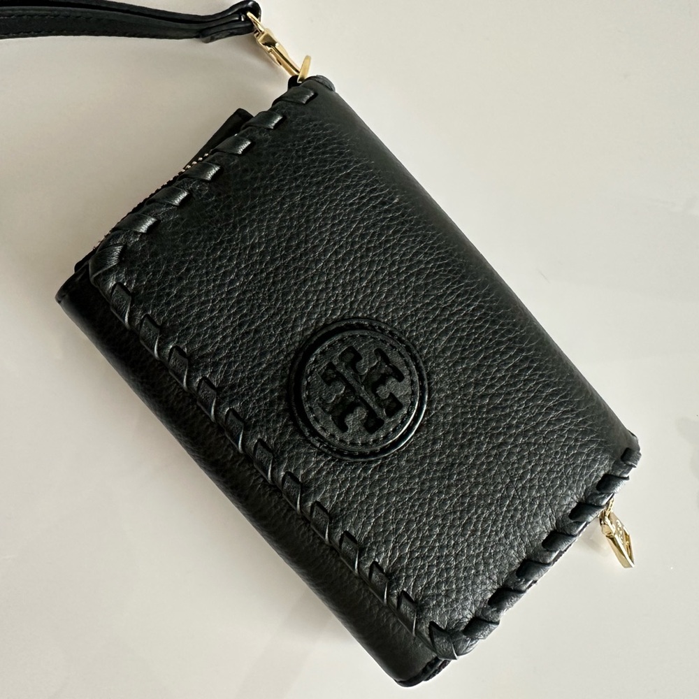 Tory Burch Black Leather Wristlet with Gold Accents